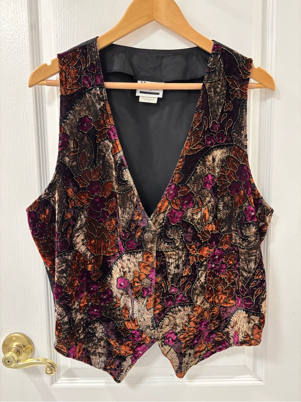 Vintage 80s Velvet Floral V-Neck Women's Vest in Purple Orange Black Fall Colors